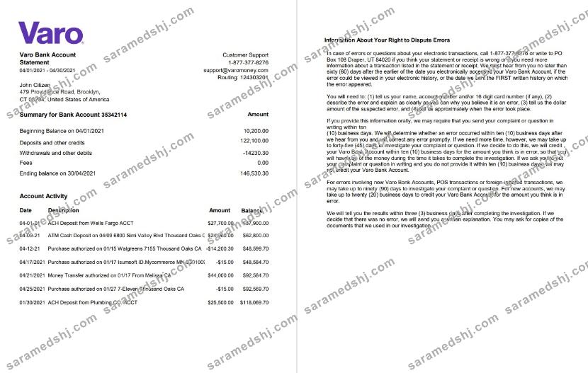 USA California Varo bank statement template in Excel and PDF format (2 pages)